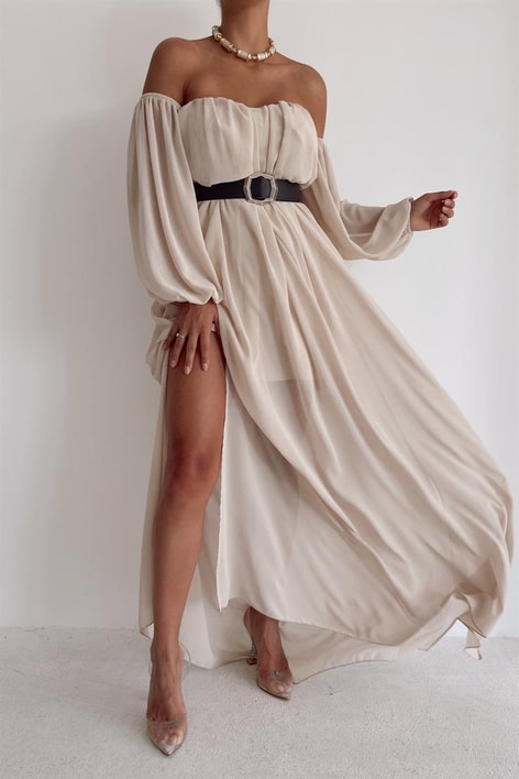 Düşük Kollu Carmen Elbise Bej