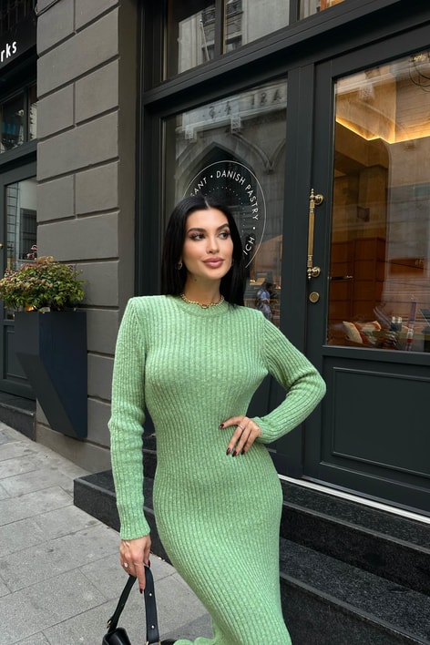 Fitilli Triko Midi Elbise Yeşil