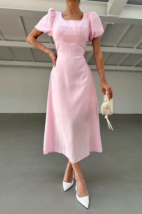 Göğüs Büzgülü Kısa Kol Elbise Pembe