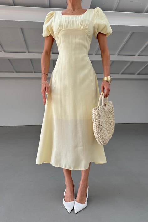 Göğüs Büzgülü Kısa Kol Elbise Sarı