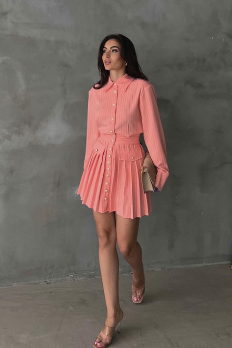 Gold Düğmeli Çizgili Elbise Pembe