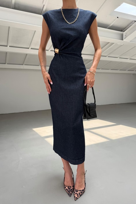 Gold Tokalı Denim Elbise Lacivert
