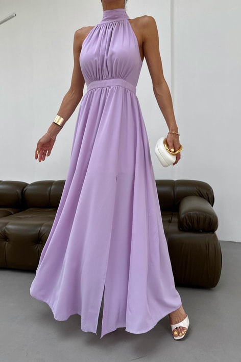 Halter Yaka Yırtmaçlı Şifon Elbise Lila