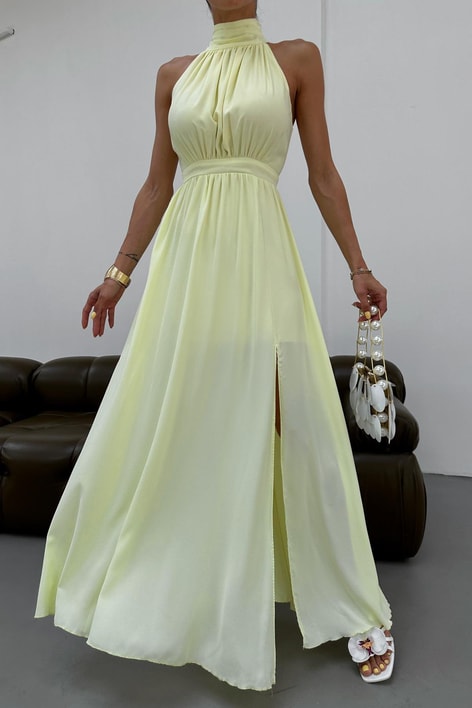 Halter Yaka Yırtmaçlı Şifon Elbise Sarı