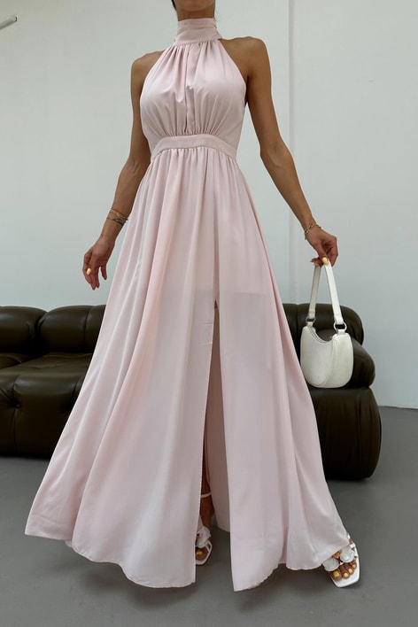 Halter Yaka Yırtmaçlı Şifon Elbise Pudra