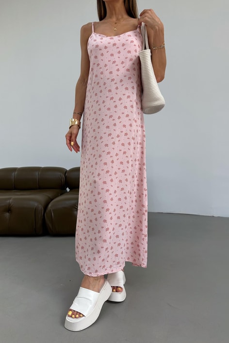 İp Askılı Flower Midi Elbise Pembe