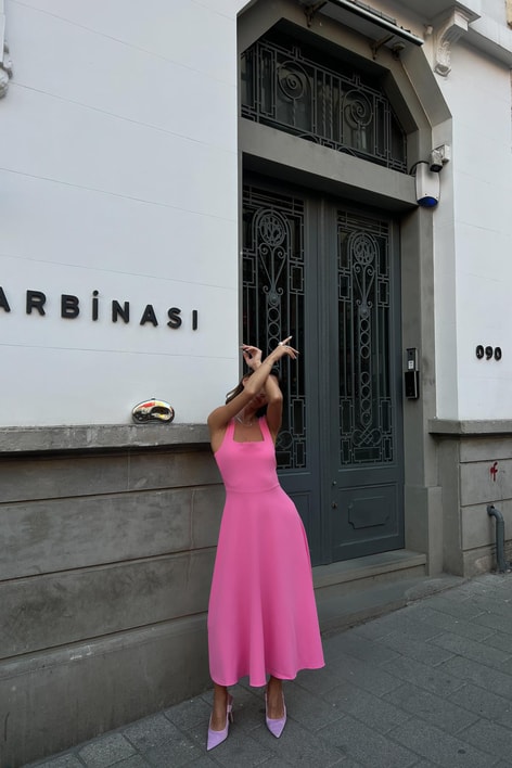 Kalın Askı Midi Premium Elbise Pembe