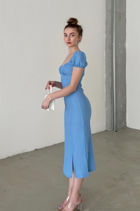 Kalp Yaka Carlen Elbise Mavi