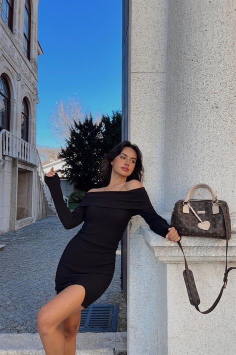 Karmen Yaka Fitilli Elbise Siyah