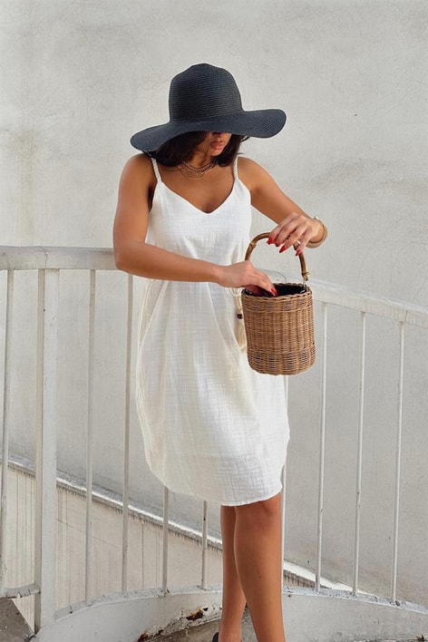 Keten Askılı Elbise Beyaz