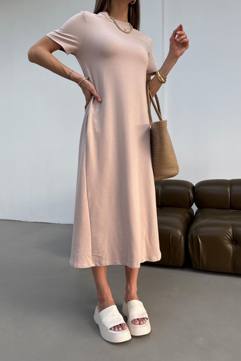Kısa Kol Salaş Penye Elbise Şeker Pembe