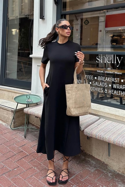 Kısa Kol Salaş Penye Elbise Siyah