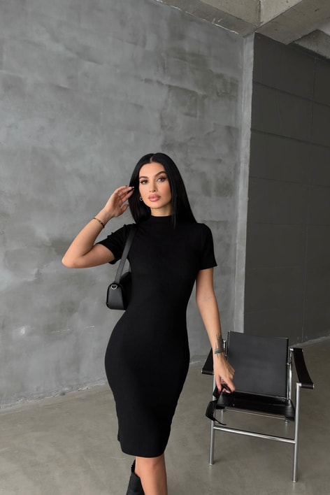 Kısa Kollu Fitilli Midi Elbise Siyah