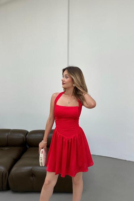 Korse Saten Premium Elbise Kırmızı