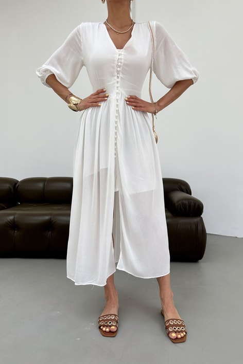 Krinkıl Düğmeli Elbise Ekru