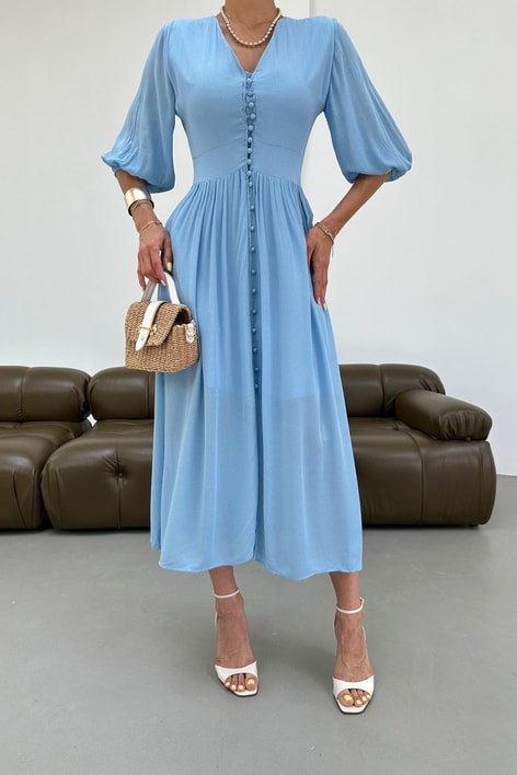 Krinkıl Düğmeli Elbise Mavi