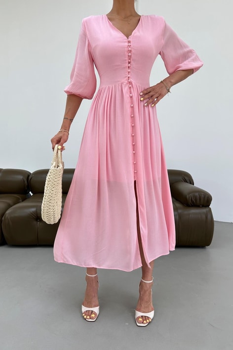 Krinkıl Düğmeli Elbise Pembe