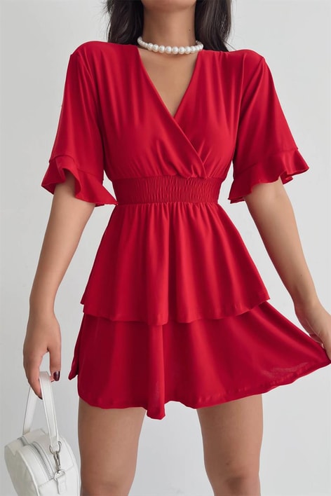 Kruvaze Bel Gipeli Ella Elbise Kırmızı