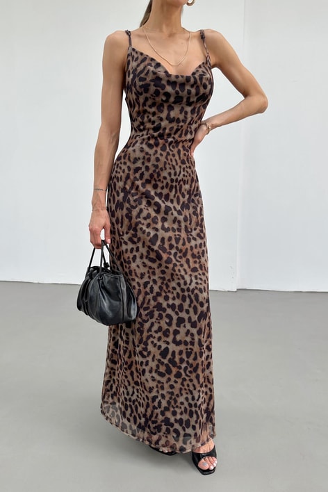 Leopar Maxi Elbise Kahve