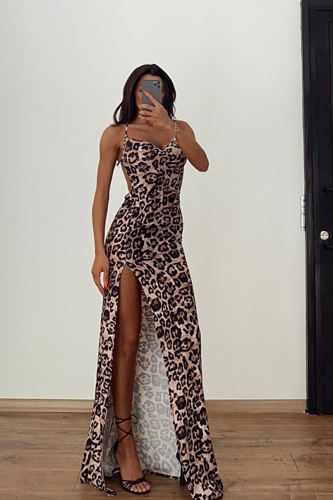 Sırt Dekolteli Leopar Elbise Siyah