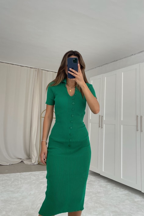 Sırt Dekolteli Triko Elbise Yeşil