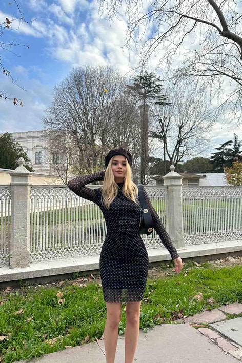 Mini Puantiye Tül Elbise Siyah