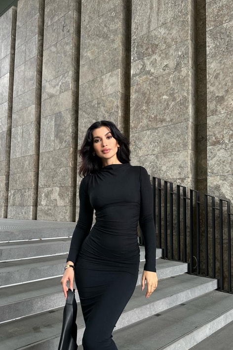 Omuz Drapeli Maxi Elbise Siyah