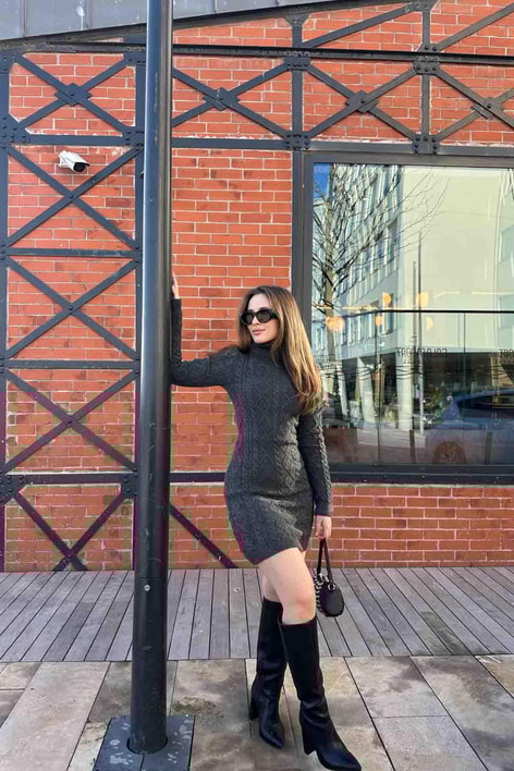 Örme Balıkcı Triko Elbise Antrasit