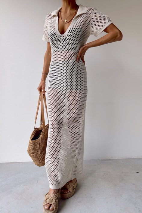 Polo Yaka Örme Elbise Krem