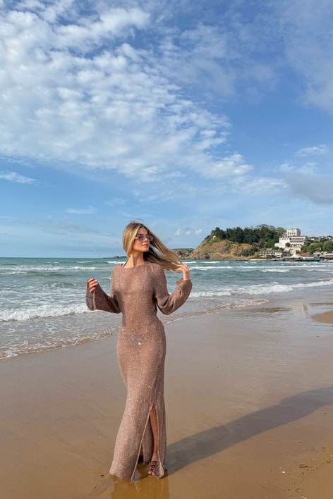 Pullu Beachwear Triko Elbise Vizon