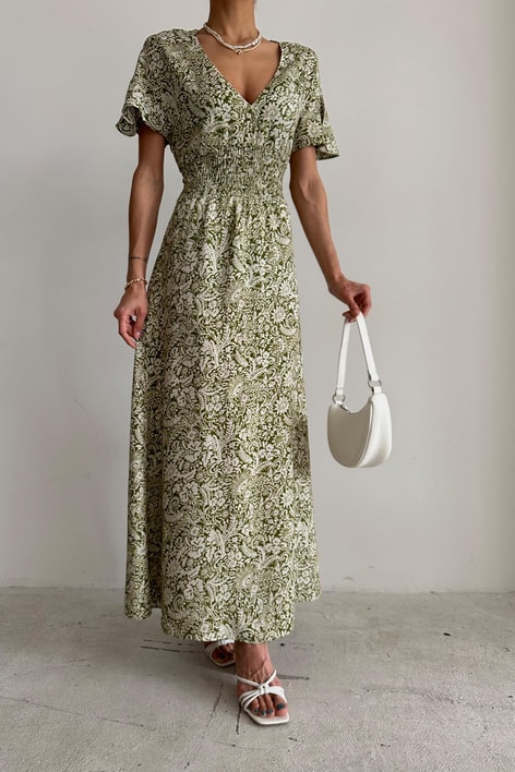 Şal Desen Tiril Elbise Yeşil