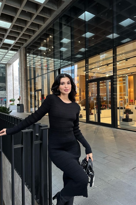 Şerit Triko Midi Elbise Siyah