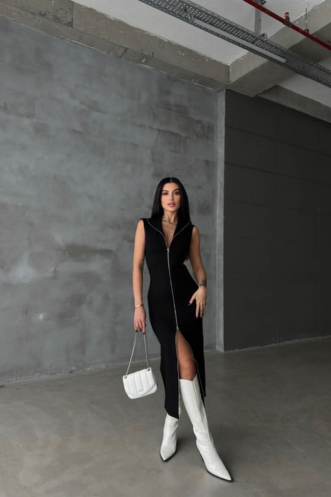 Sıfır Kol Boydan Fermuarlı Elbise Siyah