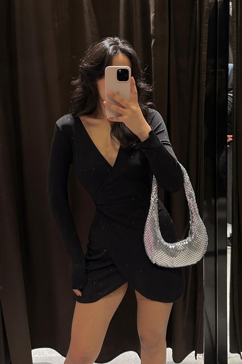 Simli Kruvaze Celeana Elbise Siyah