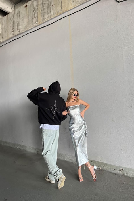 Stitch Straplez Metalik Elbise Gümüş