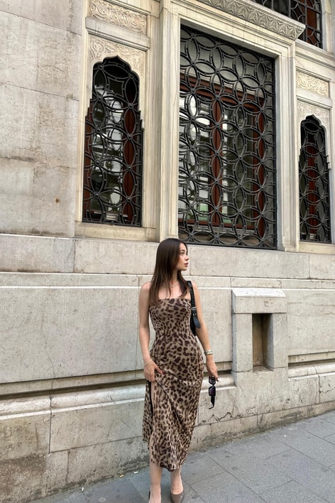 Straplez Leoparlı Elbise Kahve