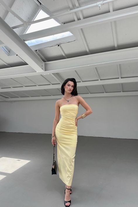 Straplez Midi Elbise Sarı