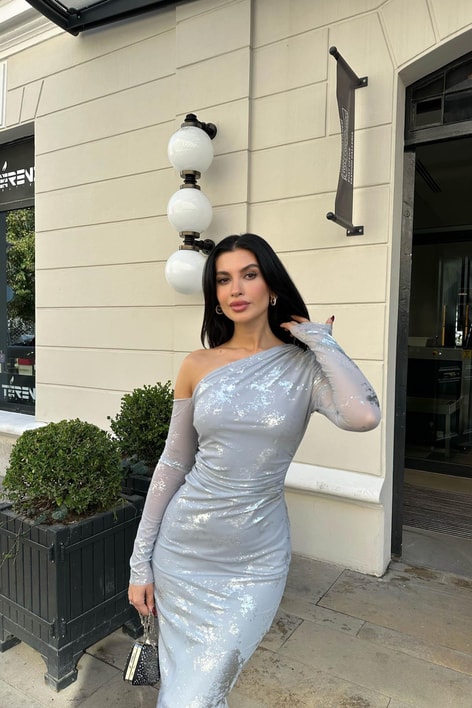 Tek Kol Hologram Deape Elbise Gri