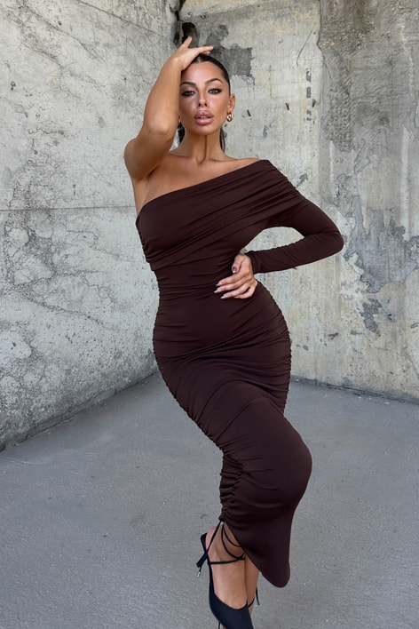 Tek Kol Romantıc Elbise Kahve