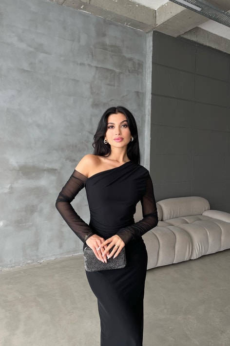 Tek Kol Tül Elbise Siyah