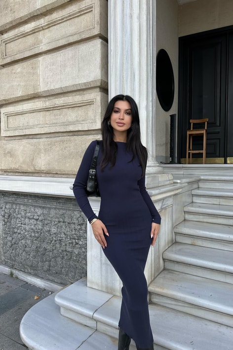 Triko Kalem Elbise Lacivert