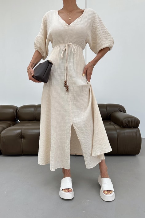 V Yaka Alaçatı Müslin Elbise Krem