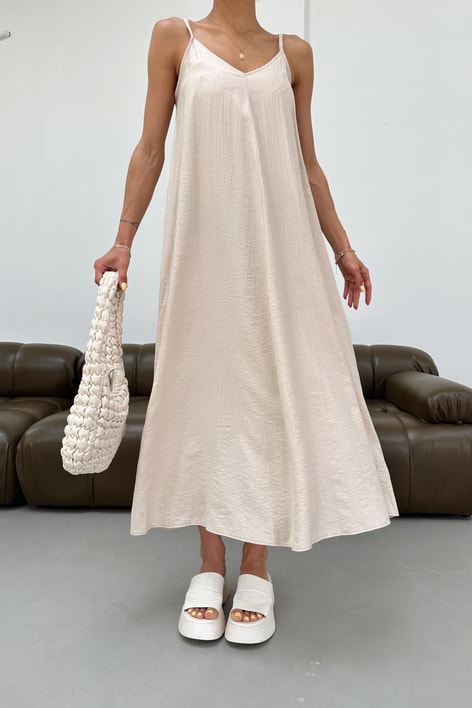 V Yaka Askılı Tensel Elbise Taş