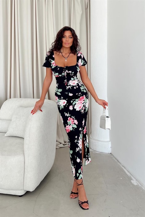 Violetta Yırtmaçlı Elbise Siyah