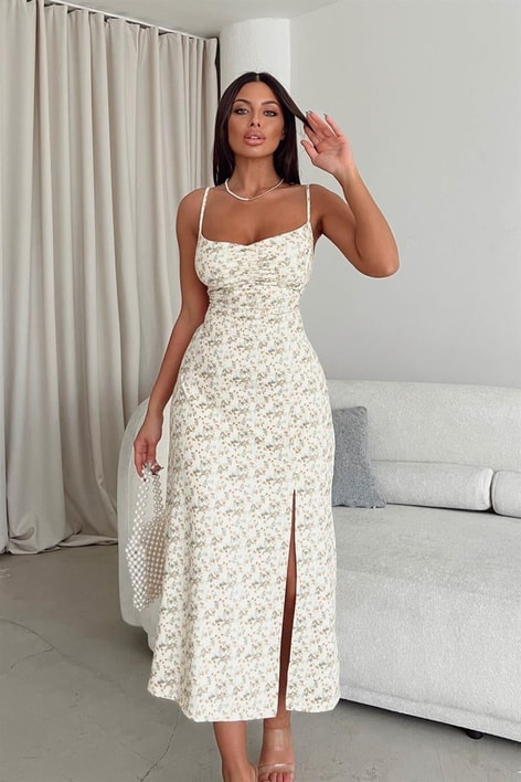 Yırtmaçlı Olive Ön Büzgülü Elbise Sarı