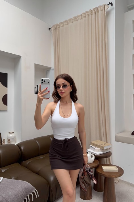 Bağcıklı Mini Şort Etek Kahve