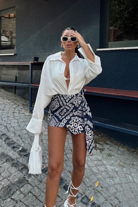 Bağlamalı Labirent Desenli Etek Lacivert