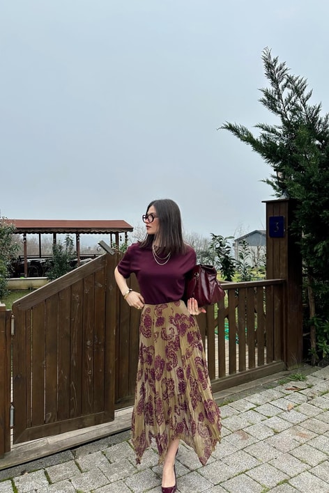 Desenli Asimetrik Şifon  Etek Yeşil