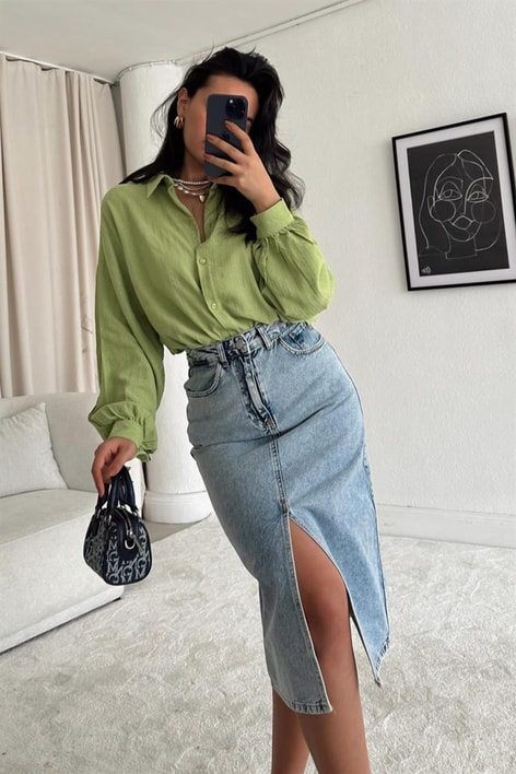 Ön Yırtmaçlı Midi Kot Etek Buz Mavi