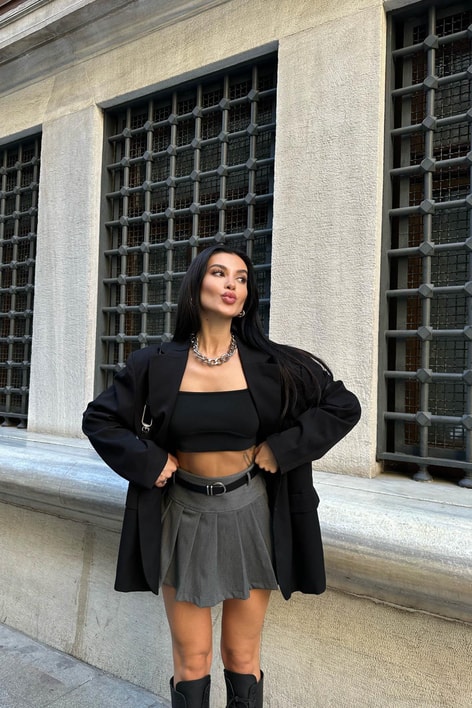 Pileli Oxford Şort Etek Antrasit